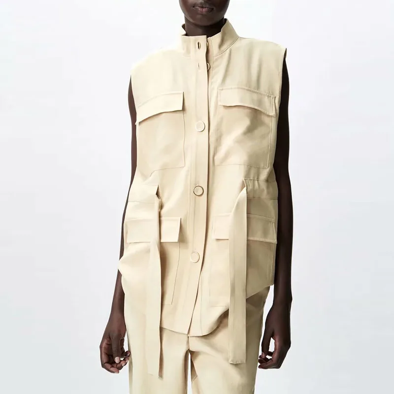 

Women Summer Casual Pockets Vest 2021 ZA Sleeveless Sashes Bow Tie Waistcoat Female Elegant Street Vests Coats Clothes