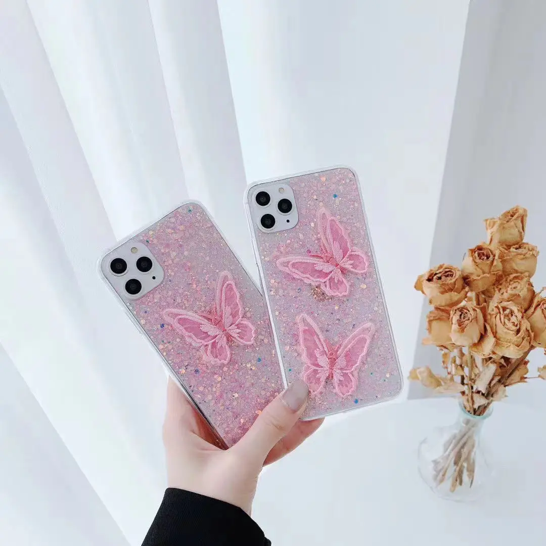 

Case For Iphone 11 Original Luxury Girls Cute Three-dimensional Butterfly with Glitter 12maxpr X XR 7 8P 6S Sillicone Shockproof