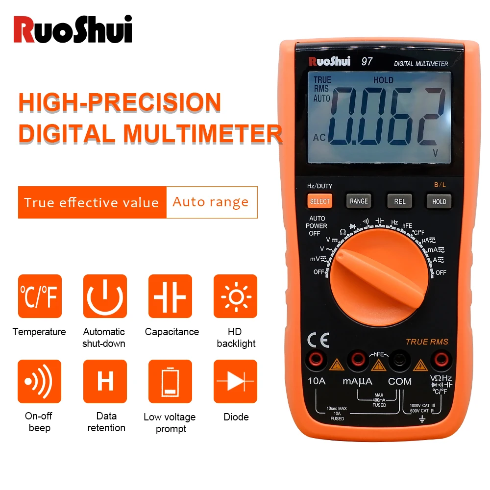 Мультиметр RuoShui Автоматический диапазон 97 True RMS переменный/постоянный ток