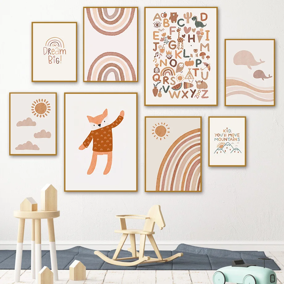 

Fox Whales Sun Rainbow Boho Nursery Prints Wall Art Canvas Painting Nordic Poster Wall Picture For Kid‘sroom BedRoom Home Decor