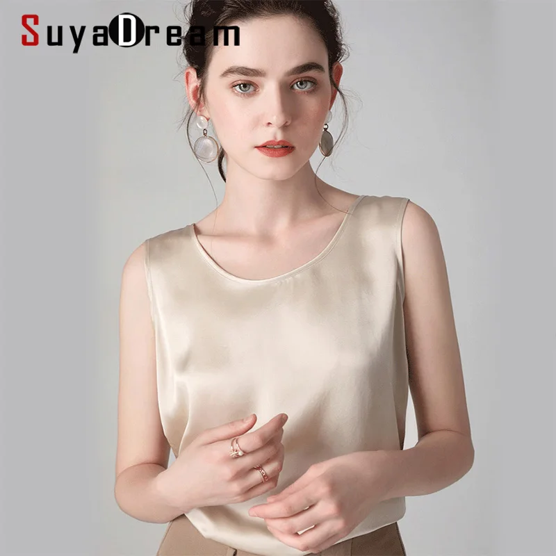 SuyaDream, женские шелковые майки, натуральный шелк, атлас, круглый вырез, без рукавов, рубашка,, одноцветные, летние жилеты