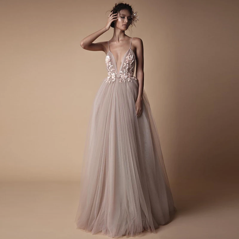 

Sexy Long Prom Gowns Deep V Neck Spaghetti Straps Pleated Backless Tulle Evening Dress Custom Made Summer Party Dresses