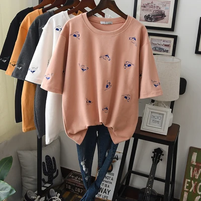 bisque Harajuku женские хлопковые футболки Осень Зима однотонный просторный повседневный Футболка Подростковая простая Толстая вышитая Футболка для дам - Цвет: bisque
