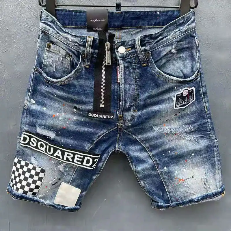 

Drop shipping DSQ2 Denim Shorts Fashion Hole Patch Broken Ink Paint Slim Slightly Elastic Blue Letter dsquared2 Shorts jeans