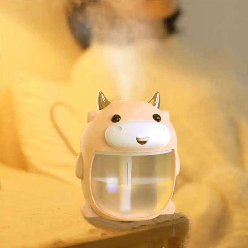 

Yellow Mini Cow-Shaped Humidifier Colorful Ambient Lamp Device Desktop USB Aroma Diffuser Home Office Travel Supplies