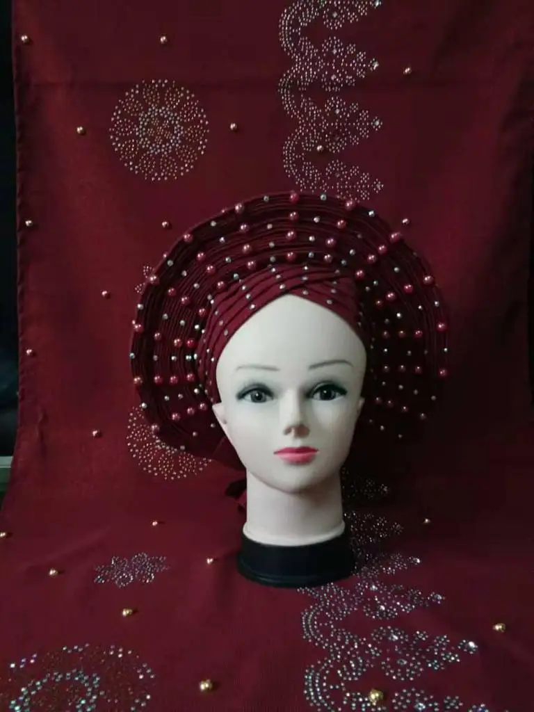 

Various colors African auto gele headtie for women aso oke headwear beaded African gele with shoulder nice quality