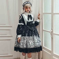japanese harajuku diablo gothic lolita style cosplay flare sleeve lace up undead doll cartoon printes dress kawaii ruffles dress