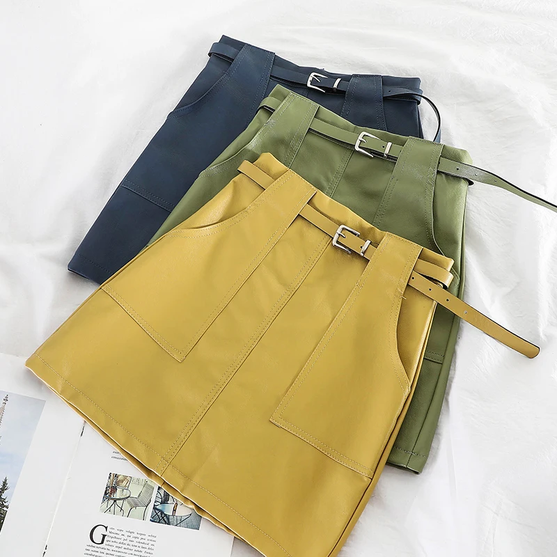 Осенне зимняя женская модная однотонная мини юбка из искусственной кожи с ремнем