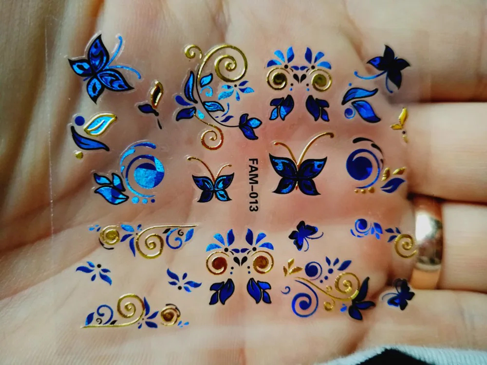 Самоклеящиеся татуировки 30 дизайнов/набор стикеры 3D на ногти Nail Art Золото синие