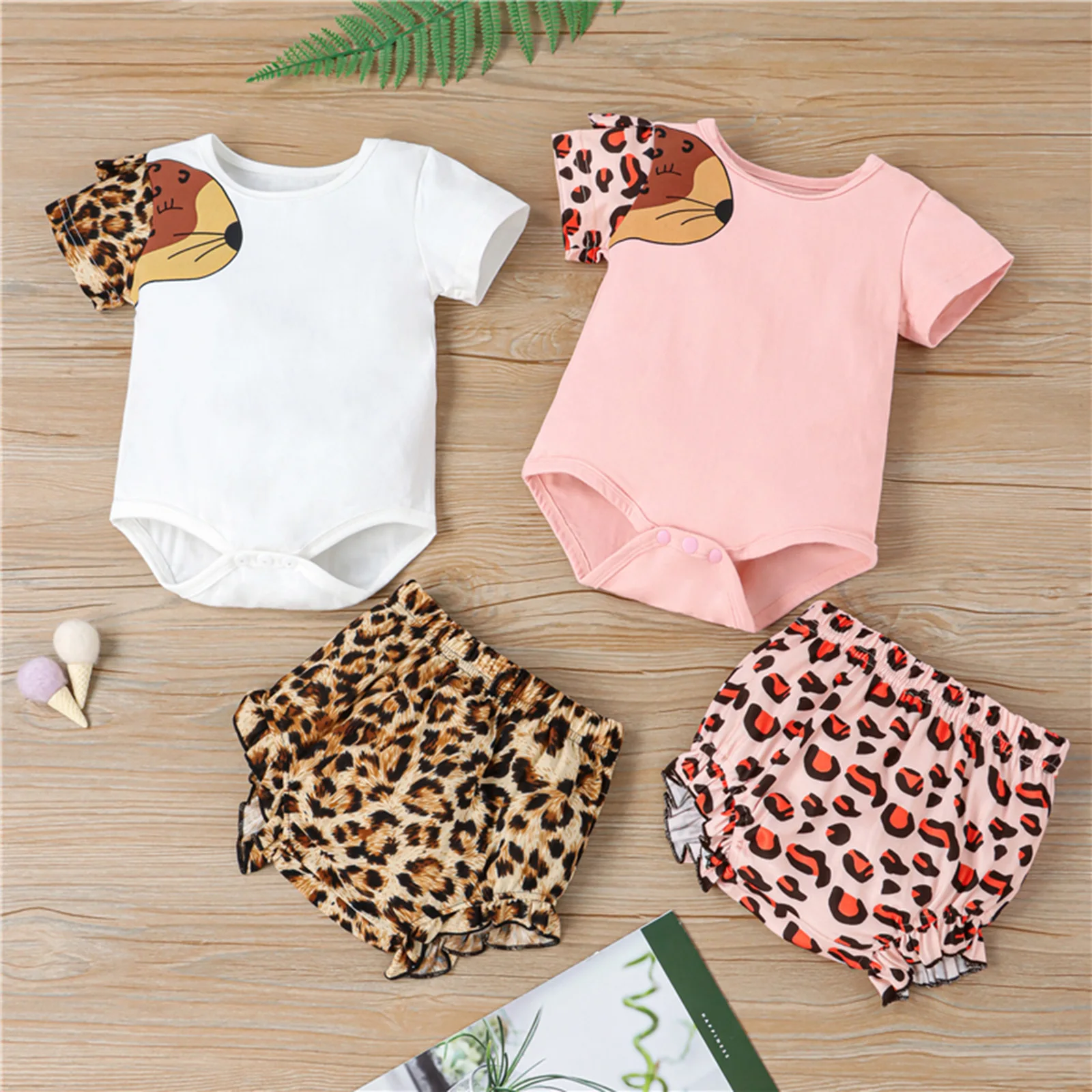 

Pudcoco 2 Pieces Kids Suit Set, Leopard Print Round Neck Short Sleeve Romper+ Short Pants for Summer, White/Pink, 0-24 Months