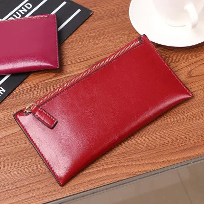 

2020 new women's oil wax long purse zipper leather thin soft leather wallet cowhide simple fashion