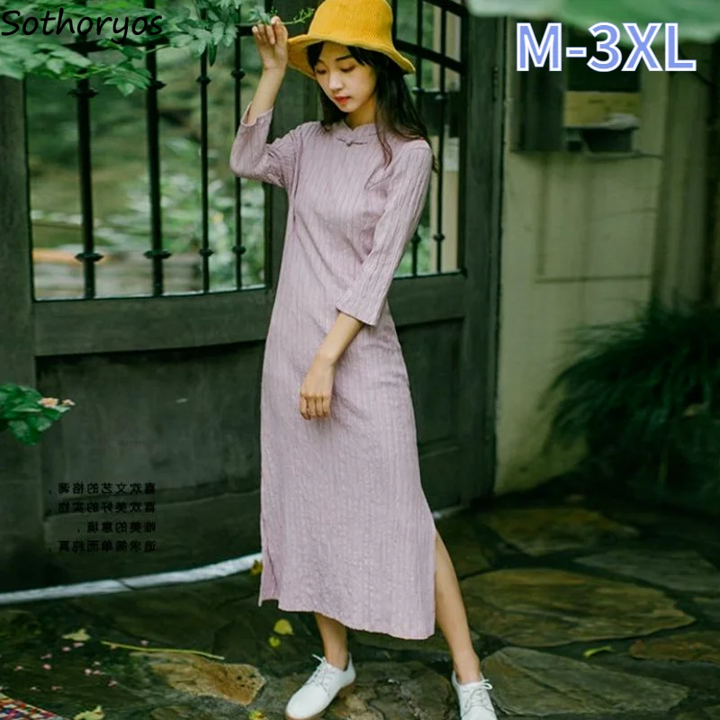 

Women Dress Spring Wrist Sleeve Oversize M-3XL Purple Qipao Chinese Style Retro Stylish Elegant Side-split Mid-calf Vestido Chic