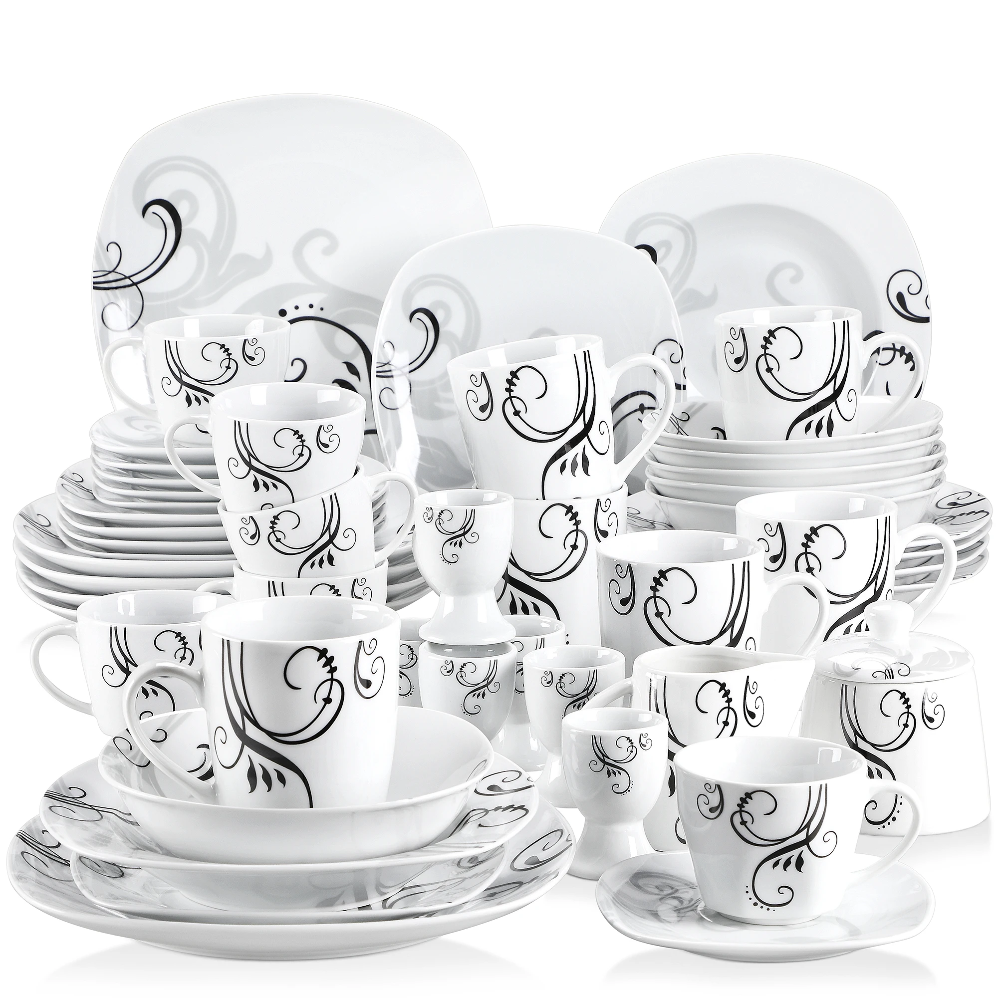 

VEWEET ZOEY 50-Piece Porcelain Dinner Set with Egg Cup,Cup&Saucer,Mug,Dessert&Soup&Dinner Plate,Bowl,Milk Jug,Sugar Pot Set