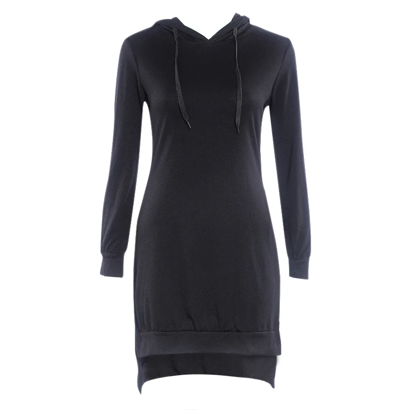 

4Colors Women Autumn Winter Simple Plus Size Long Hoodies Long Sleeve Irregular Hem Hooded Solid Color Sweatshirt Tops Black Red