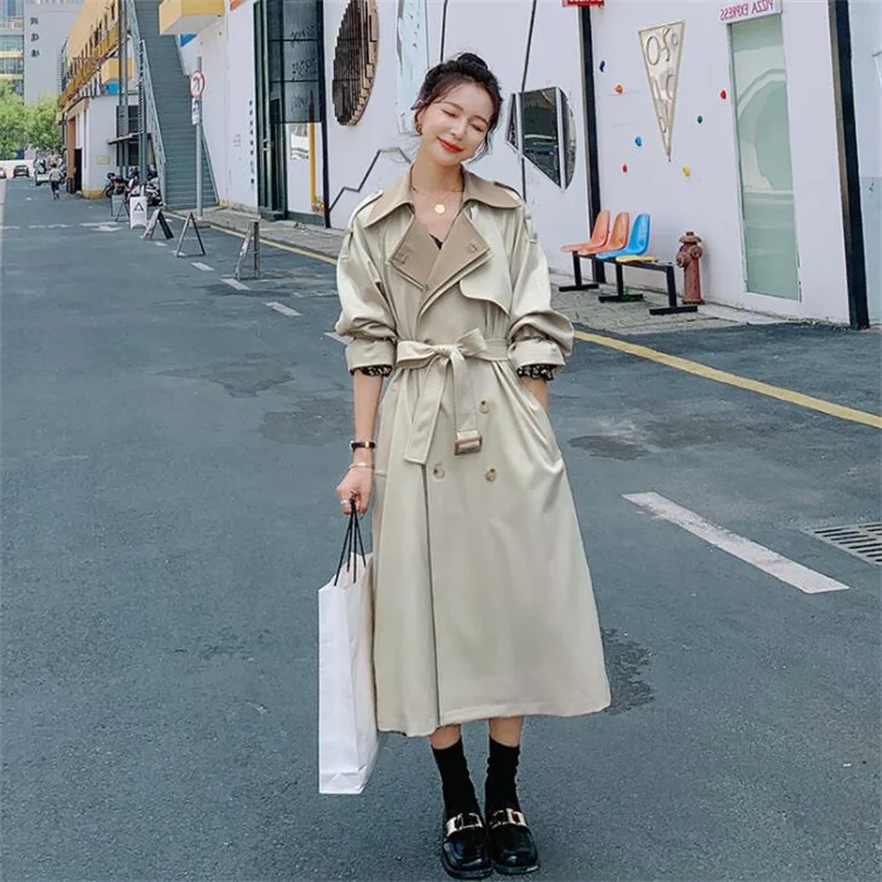 Beige windbreaker women's trench coats mid-length 2021 autumn new korean retro British style waist-knee clothes пальто женское