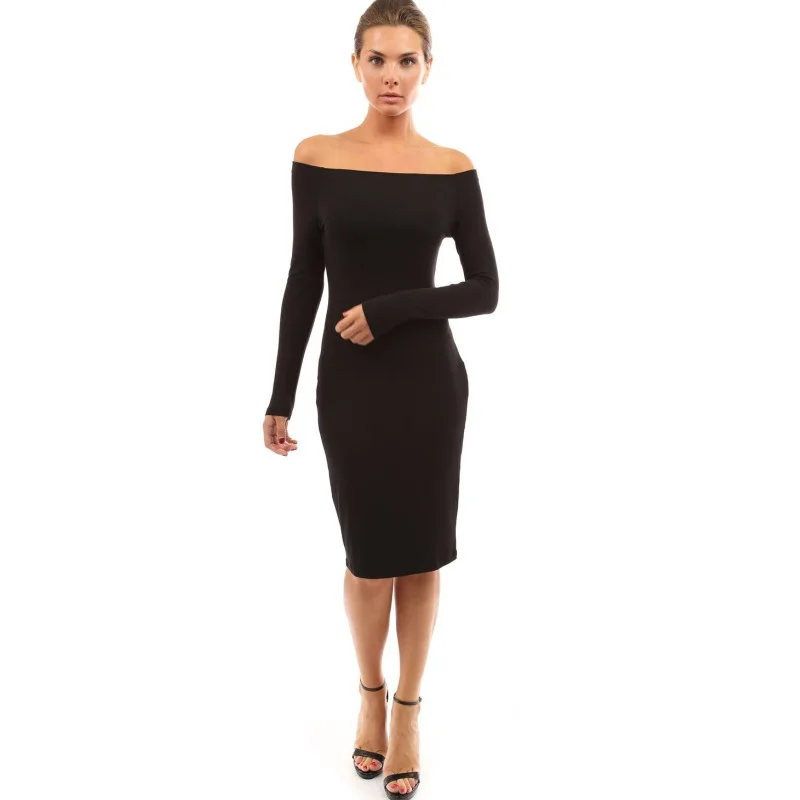 

2021 Summer New European and American Sexy Dress Women's Solid Color One-shoulder Off-shoulder Slim Long-sleeved One-step Dress