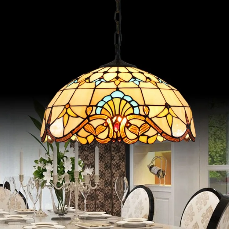 

European-Style Retro Creative Tiffany Colored Glass Baroque Restaurant Art Hanging Lamp 40cm Glass Lamp