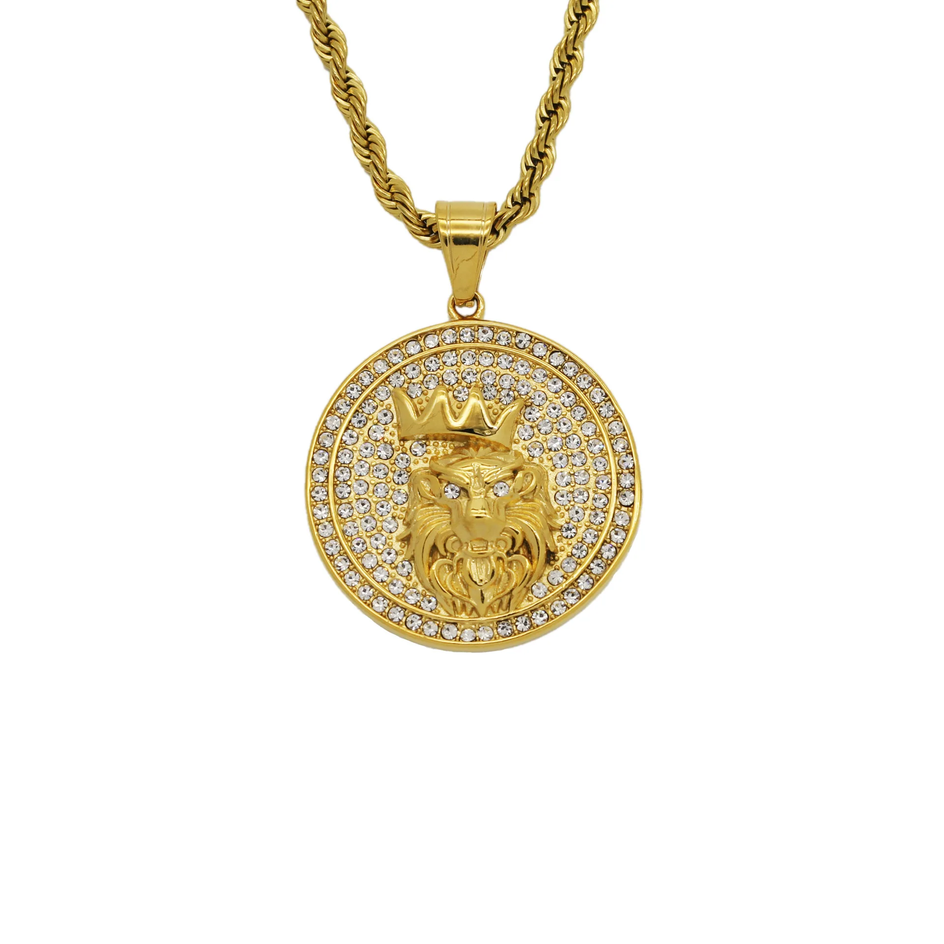 

Hiphop Iced Out Lion Head Pendant Necklace for Men Male Gold Color Chains Bling Round Animal Necklace Hip Hop Jewelry Gift