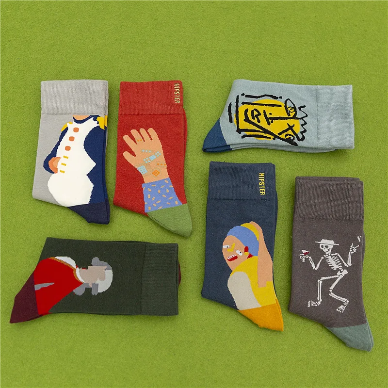 

3 Pairs Socks Women Wins Men's Tube Socks Pure Cotton Wild Street Stockings Tide Hand-painted Original Yuppie Art Couple Socks