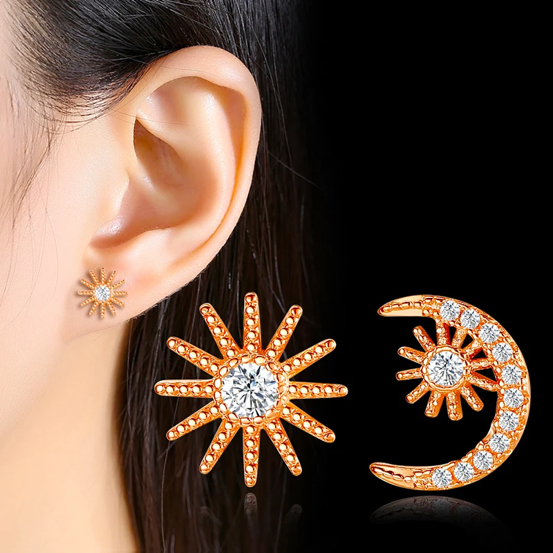 

Women's Fashion Creative Asymmetric Stud Earrings Mini Crystal Zircon Sun Star Moon Tiny Earring Piercing Accessories Best Gifts