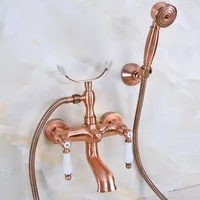 Antique Red Copper Dual Handles Bathtub Shower Faucet Wall Mount Bathroom Tub Faucet with Handheld Sprayer zna374