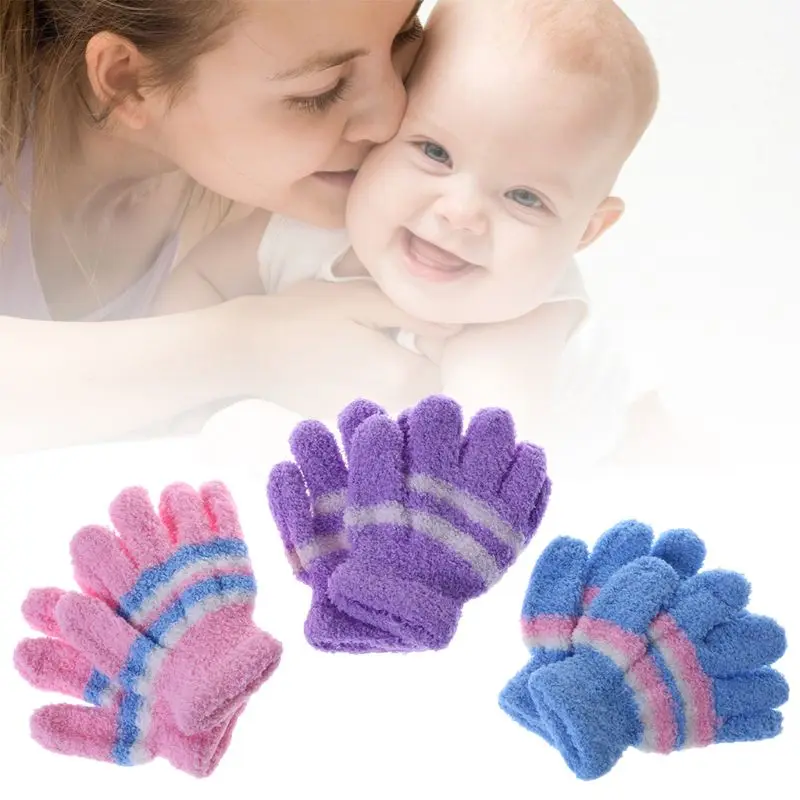 

1 Pair Baby Gloves Warm Winter Full Finger Thermal Coral Fleece Kids Boys Girls Colorful Stripe Soft Elastic Solid
