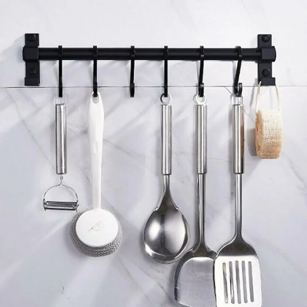 

Punch-Free Kitchen Hanging Rod Pendant Space Aluminum Black Racks Kitchenware Hardware Kitchen And Bathroom Hook Wall Mount