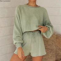 spring casual solid sweater two piece outfits tracksuit womens puff sleeve top and shorts suits summer sexy 2pcs matching sets
