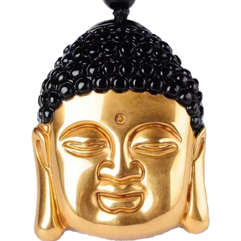 

KYSZDL Natural obsidian pure gold color Buddha head pendant men and women crystal Shakya Mani Buddha necklace pendant jewelry
