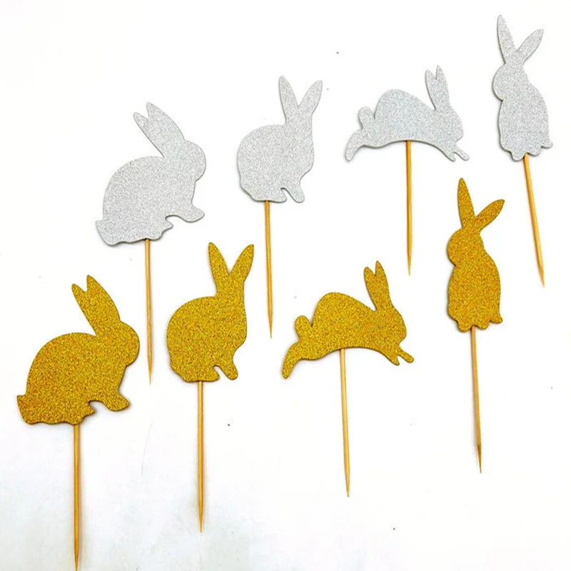 10 шт Блестящий Пасхальный кролик Золотой Серебряный кекс топперы пики День