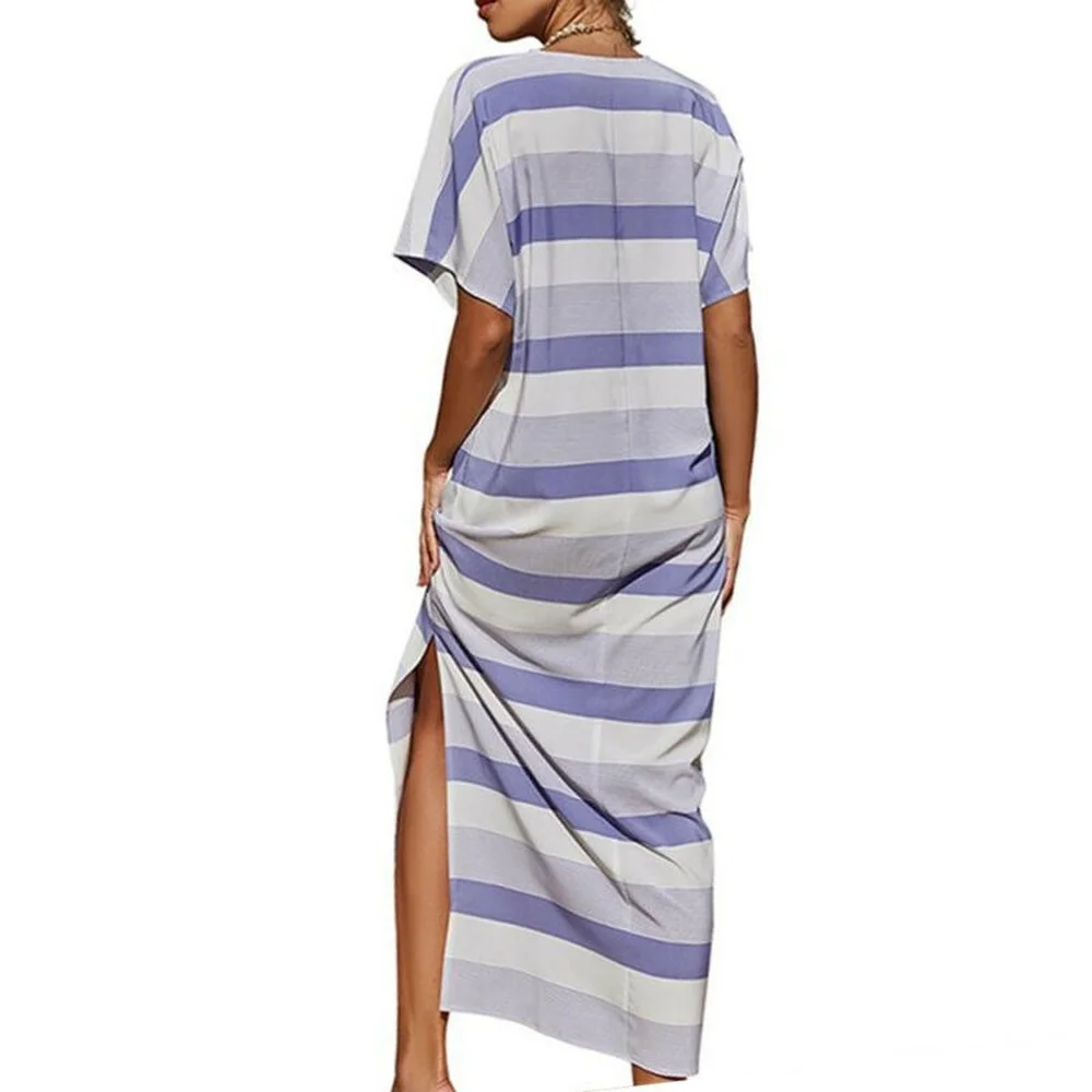 

Womens Summer Fork Stripe Sundress Ladies Boho Beach Casual Midi Dresses