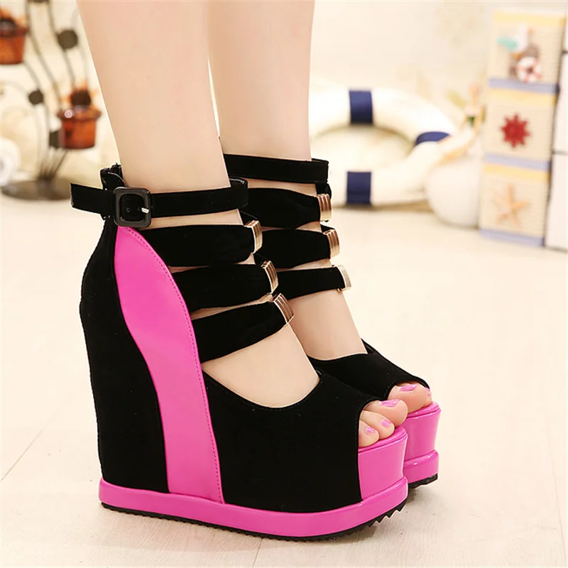 

Woman Shoes 2020 Summer Genuine Women Platform Thick Soles Sandals Wedges High heel 14cm Peep Toe Mixed Colors Sexy Shoes