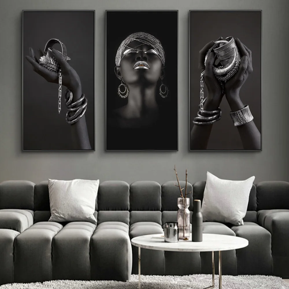 

Black Hands Holding Silver Jewelry Canvas Paintings On the Wall Art Posters and Prints African Woman Art Picture Home Wall Decor