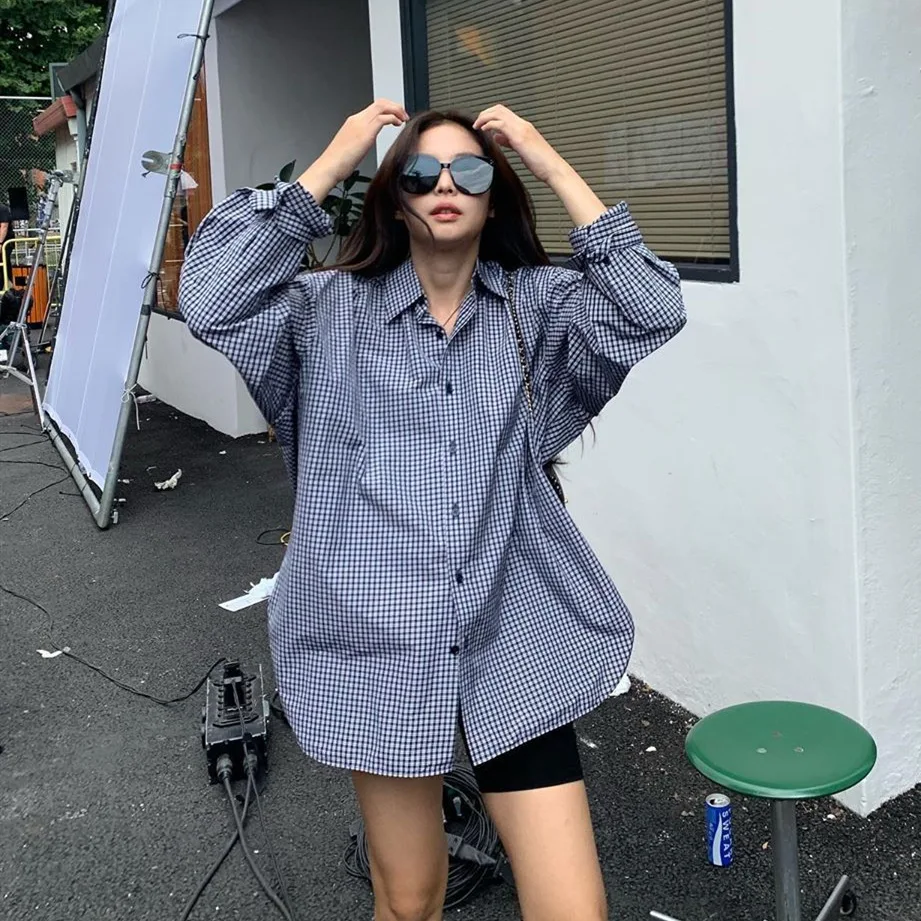 Рубашка женская в Корейском стиле Клетчатая блузка на пуговицах с длинным