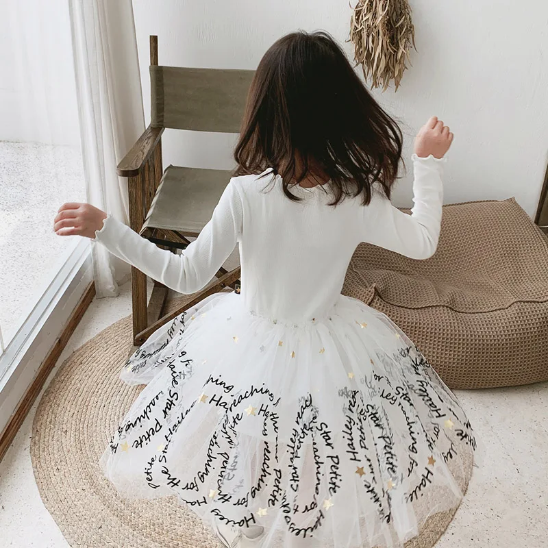 Платье из тюля с блестками и звездочкой для девочек на осень зиму детское