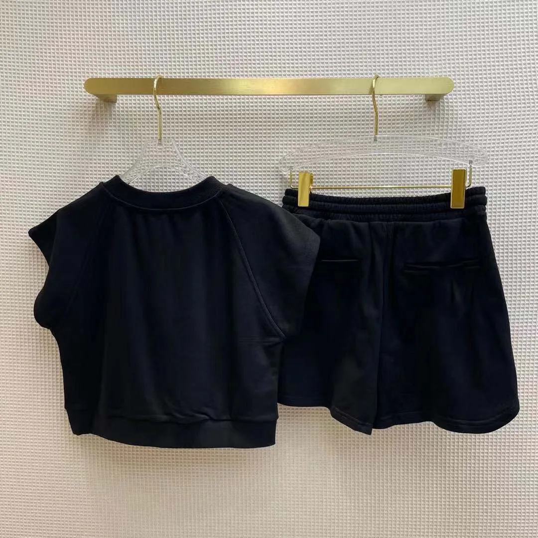 Beach Style Solid Shorts Sets for Women Summer High-end Brand Letter Print O-neck Bat Sleeve Tops with Elastic Waist Shorts Lady