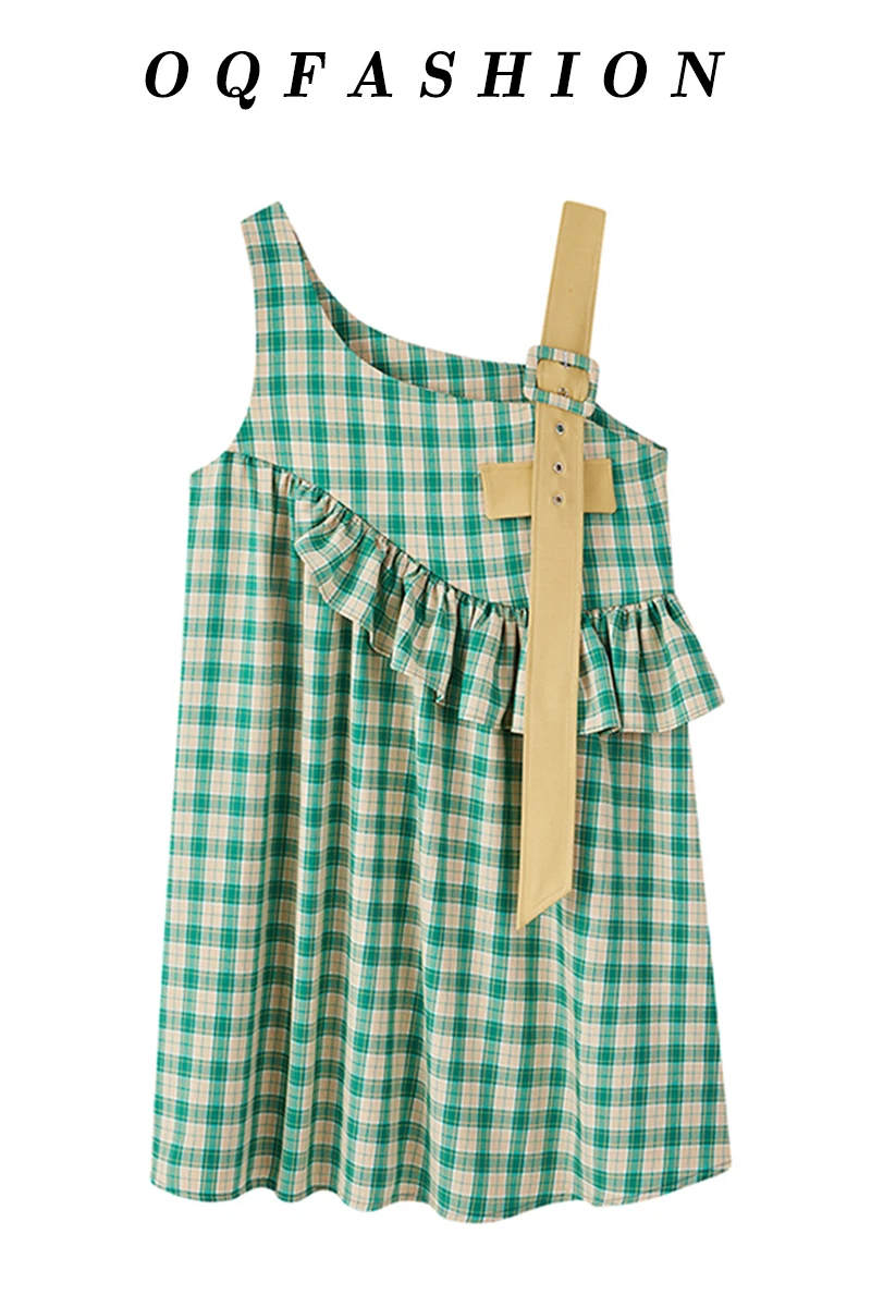 

Vintage Green Plaid Diagonal Collar Off Shoulder Ruffle Midi Vest Dress for Women 2021 Summer New Strap Dresses for Women Party