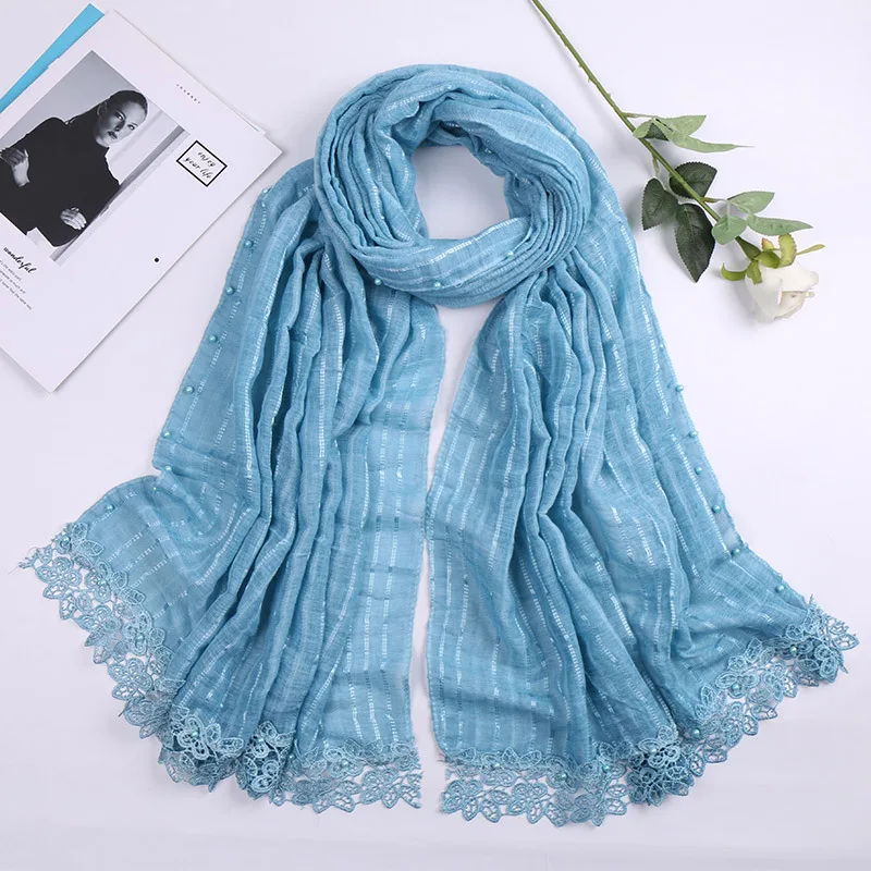 Шарф Кружевной Женский красный зеленый белый гофрированный с жемчугом