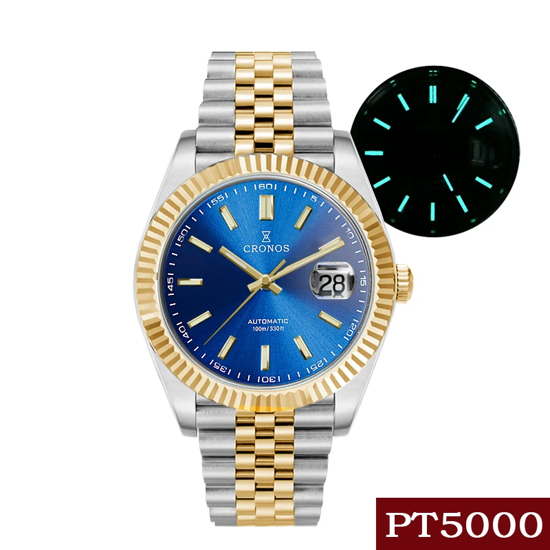 

Cronos Date Luxury Men Watch PVD Gold 5 Links Bracelet Copper-Nickel Plated Bezel 100m Water Resistant Sapphire