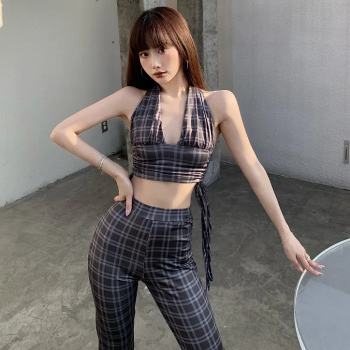 

Сексуальная Высокая шея клетчатая рубашка 2021 летняя майка с высокой талией микро расклешенные брюки для девочек модные DLTZ103