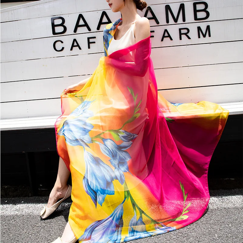 Пляжный шифоновый шарф Женский Летний Шелковый пляжный цветочный принт Saida de