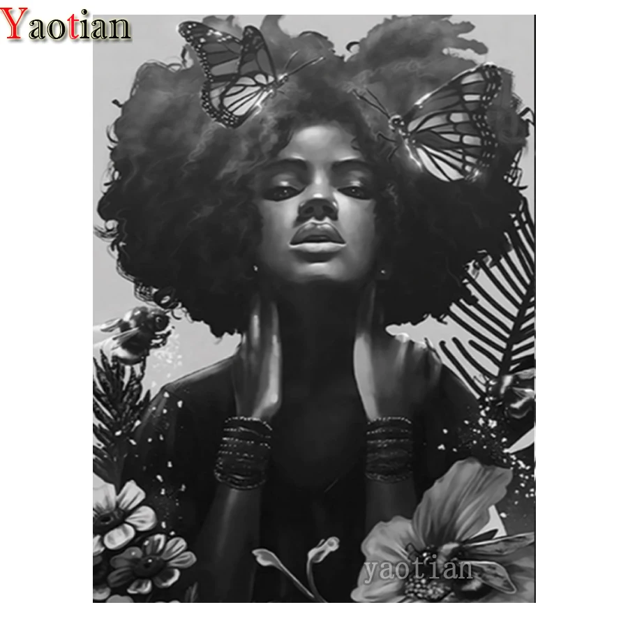 

Алмазная живопись с бабочками и цветами для африканской женщины, 5D Алмазная мозаика, вышивка стразы, полный набор для вышивки крестиком, Дек...