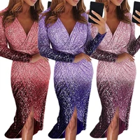 hot sales sexy women deep v neck gradient color front wrapped hem shiny sequins midi dress