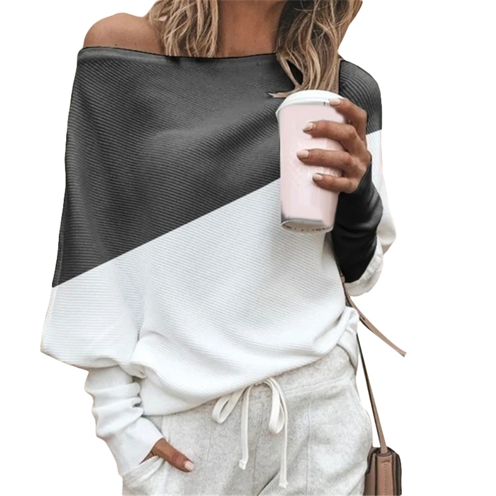 Модная женская футболка на весну и осень цветная свободная с открытыми плечами