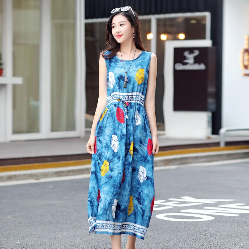 

Sleeveless A-line Retro Summer Dresses Slim Tunic Floral Printed Women Long Dress Vestido Femininas Female Casual Women Dresses