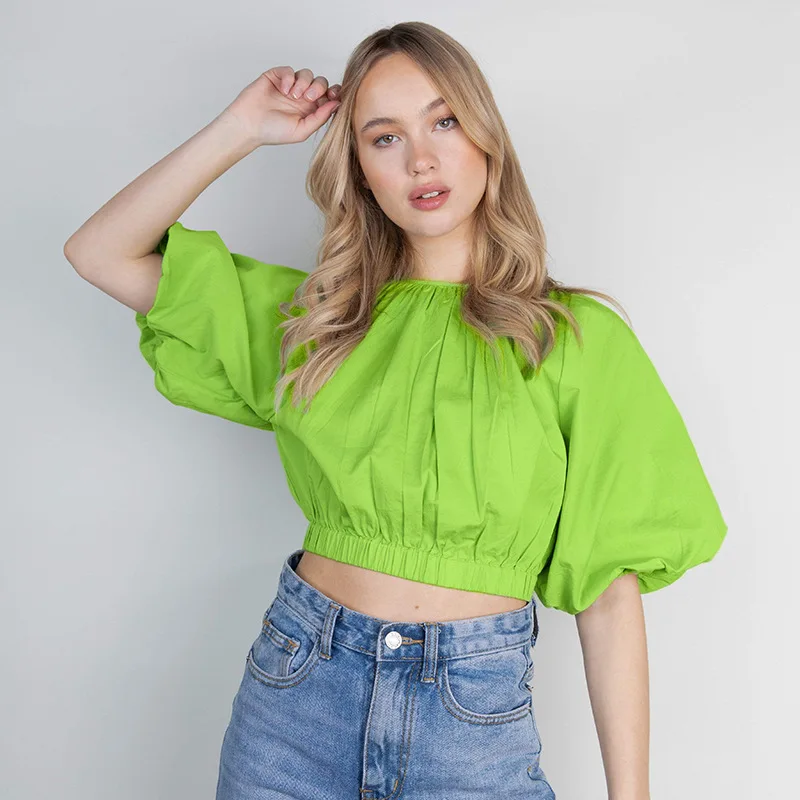 

2021 Summer New Arrival Crew Collar Puff Sleeves Short Top Fashion Wear