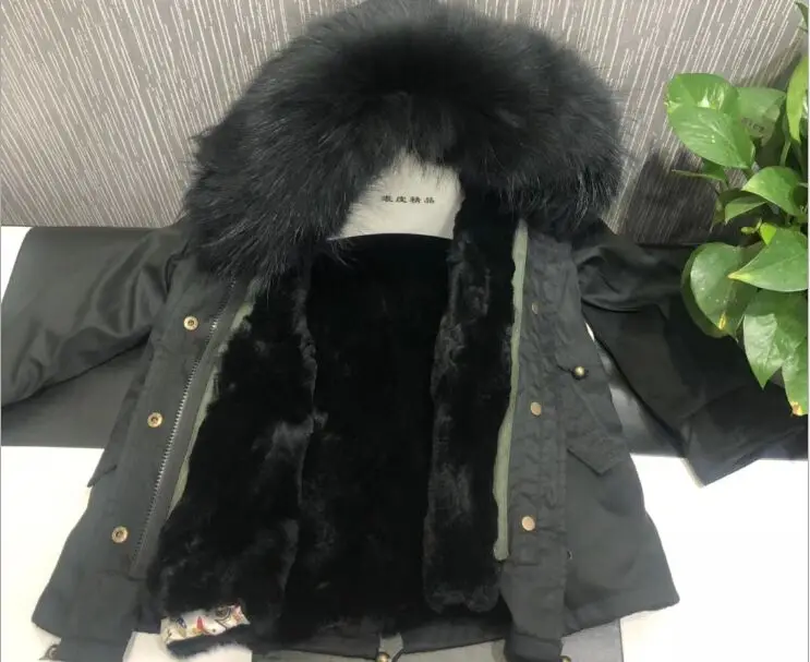 Black top black fur Г. Детские куртки из натурального кроличьего меха зимние пальто для девочек со съемной подкладкой из натурального меха, куртка для малышей меховой воротник енота - Цвет: Black top black fur