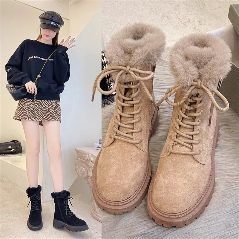 

2022 New Women's Platform Nubuck Leather Ankle Boots Winter Thick Plush Warm Cozy Snow Boots 4cm Square Heel Female Footwear