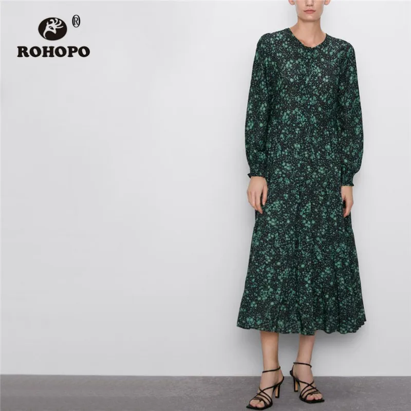 ROHOPO круглый воротник длинный рукав зеленое крошечное цветочное черное миди