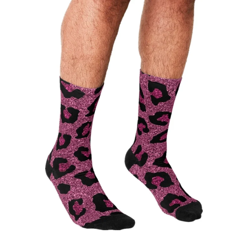 

2021 Funny Men's socks Pink Glitter Leopard Pattern Printed hip hop Men Happy Socks cute boys street style Crazy Socks for men